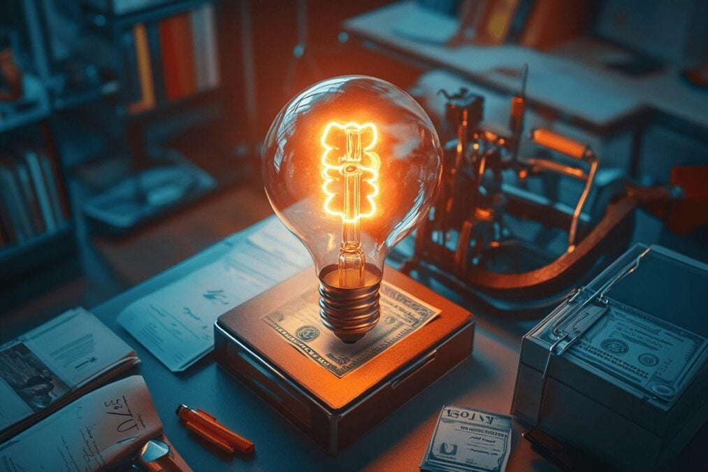 Ampoule vintage brillante sur billet de banque dans un bureau