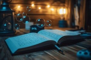 Livre ouvert avec des bulles lumineuses flottant au-dessus
