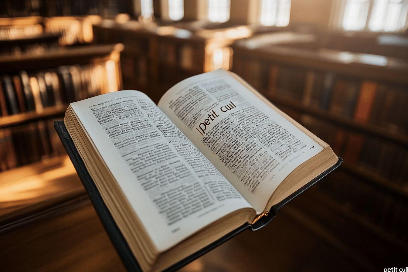 Livre de référence ouvert sur une page avec des étagères en arrière-plan