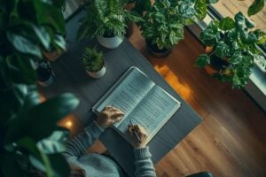 Main écrivant dans un livre entouré de plantes vertes
