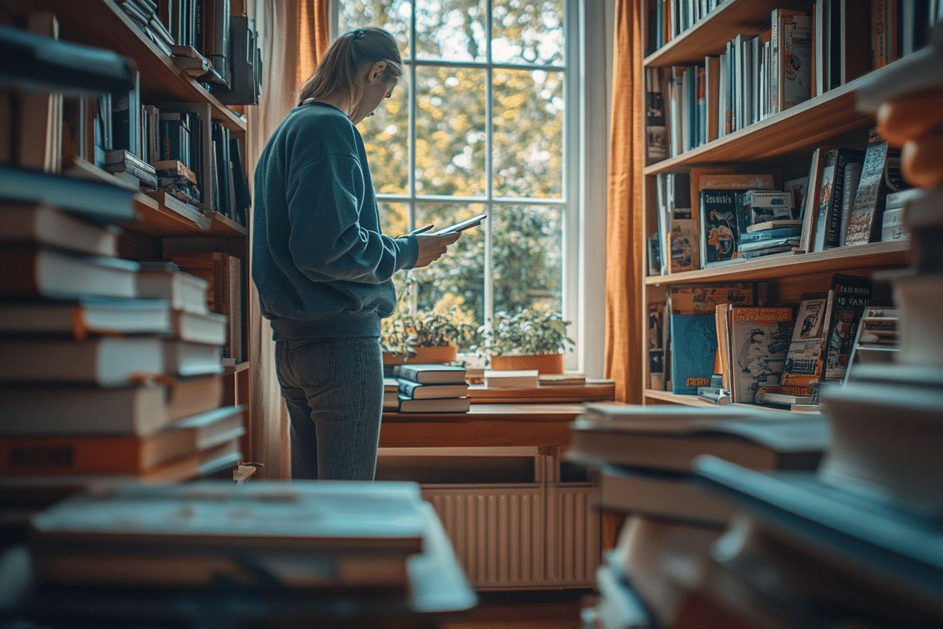 Personne lisant un livre dans une bibliothèque lumineuse