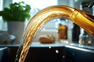 Gros plan sur un liquide ambré coulant d'un récipient