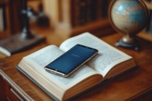Smartphone posé sur un livre ouvert, avec un globe en arrière-plan
