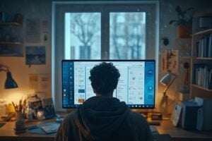 Dos d'une personne travaillant sur un ordinateur devant une fenêtre