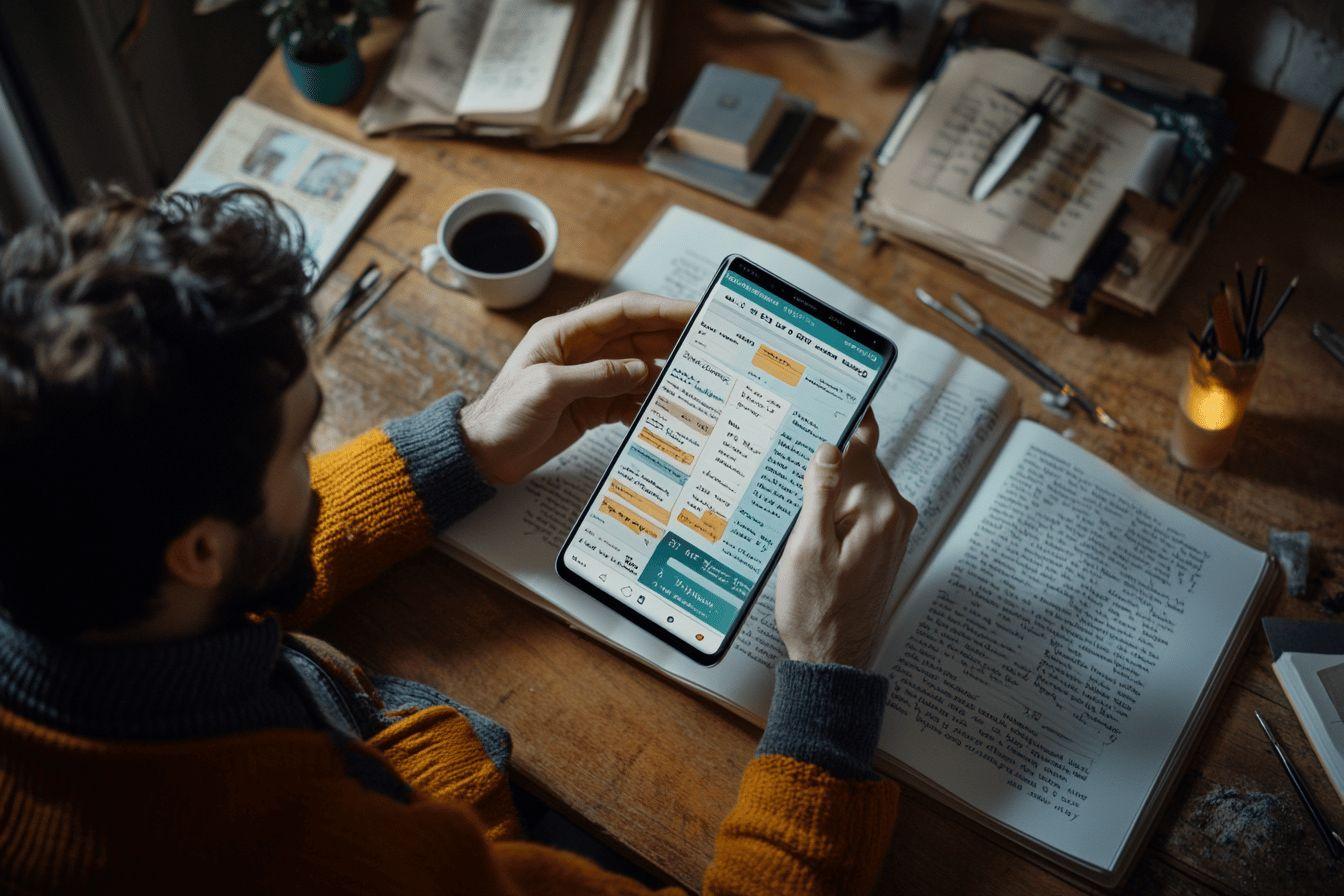 Bureau avec livres, café et smartphone affichant un écran