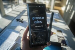 Smartphone affichant un écran sur les règles et explications grammaticales