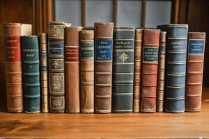 Rangée de livres anciens reliés aux couleurs vintage