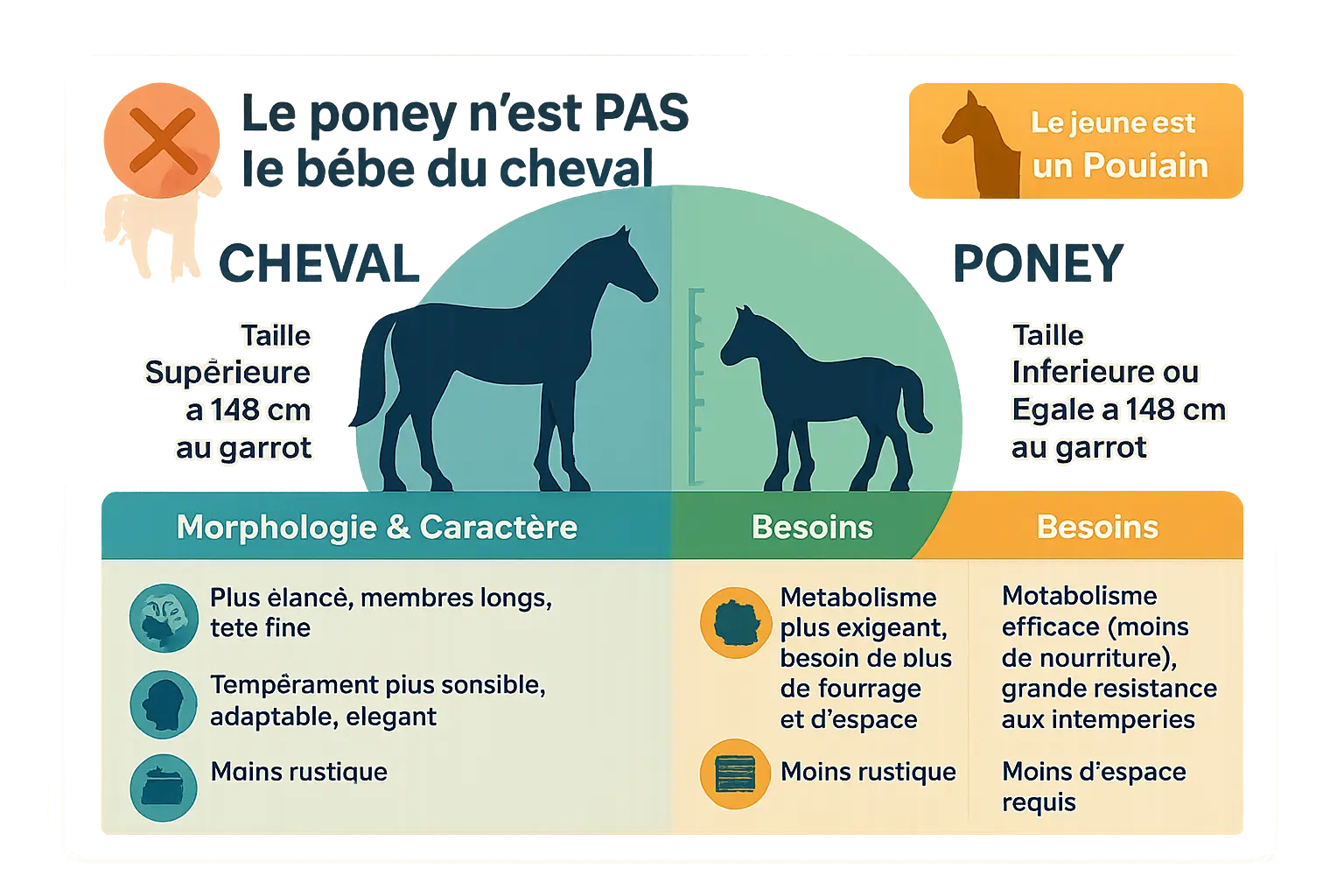 Cheval et poney côte à côte pour comparer leurs morphologies
