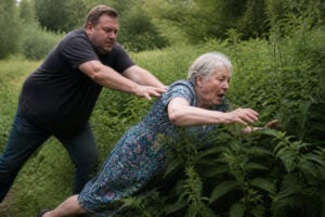 Un homme pousse une femme âgée dans un buisson d'orties dans un champ en plein air.