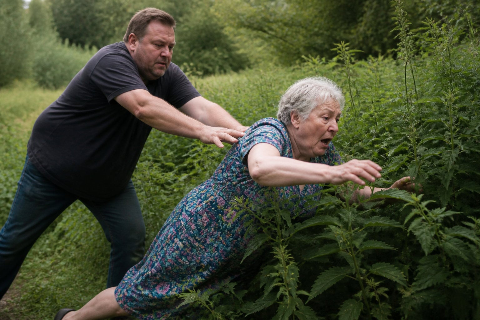 Un homme pousse une femme âgée dans un buisson d'orties dans un champ en plein air.
