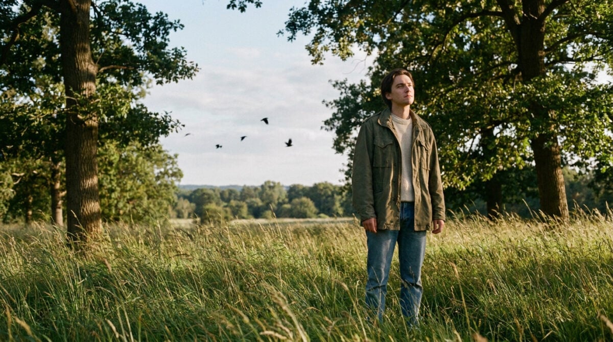 Un jeune homme debout dans une prairie au coucher du soleil, observant des oiseaux volant dans le ciel.