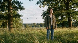 Un jeune homme debout dans une prairie au coucher du soleil, observant des oiseaux volant dans le ciel.